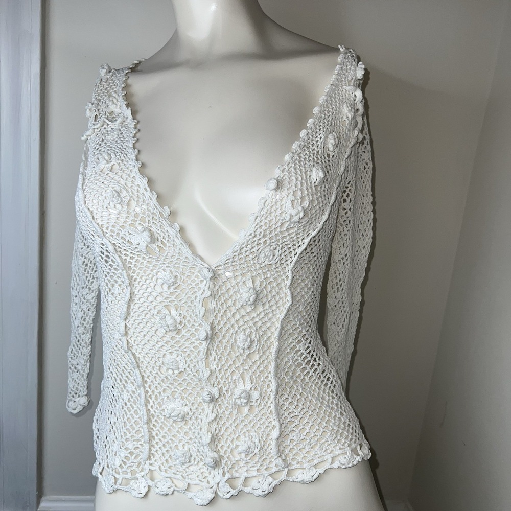 Ann Taylor Crochet Linen/Cotton Blend  Cardigan With Buttons Size Small STAINS